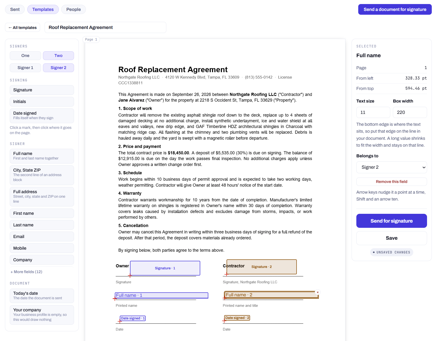 The Siglio document studio: a roof replacement agreement with signature, printed name and date fields placed for two signers
